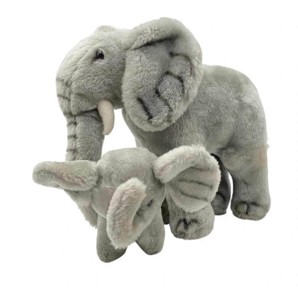 Vintage Dakin Elephant Plush Toy 1979 Korea Set Mom and Baby Stuffed Animal Gray